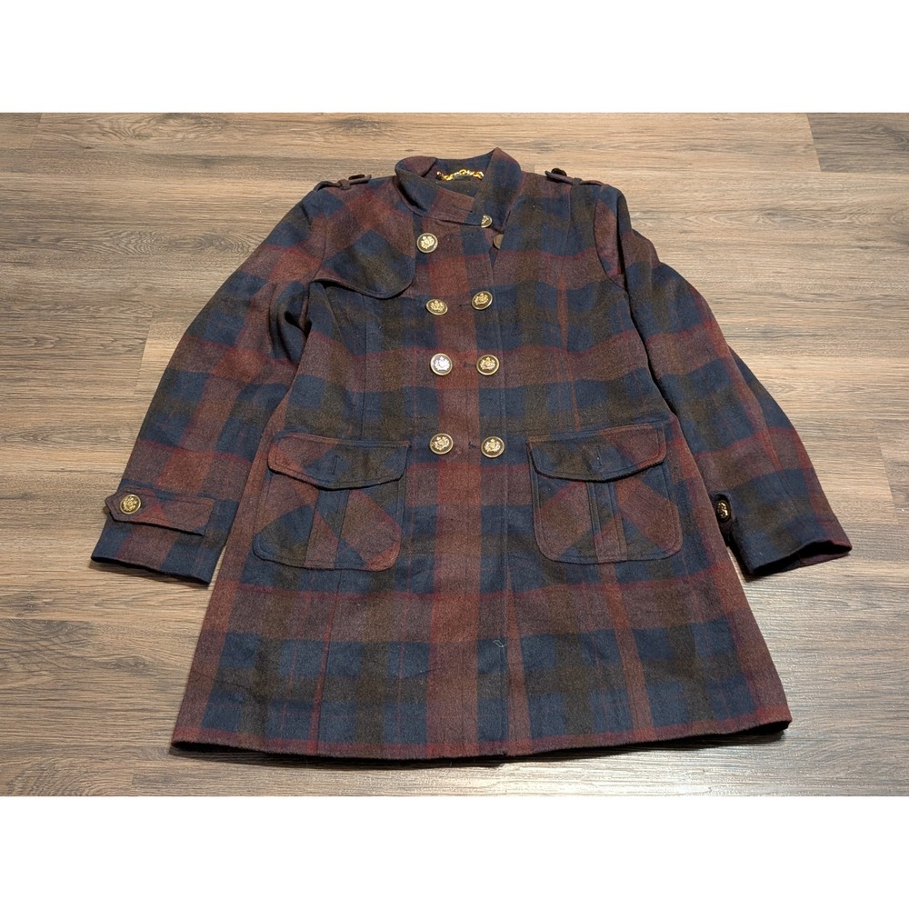 Coogi Women XL Plaid Double Breasted Wool Blend Peacoat Gold Crest Buttons F10SC